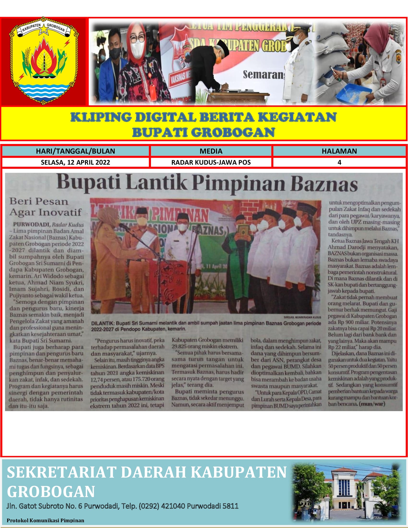 Bupati Lantik Pimpinan Baznas Radar Kudus 12 April 2022