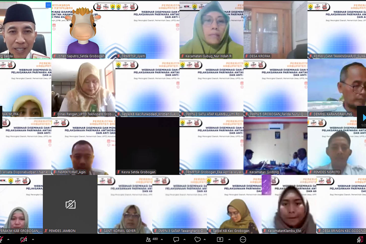 Jajaran aparatur sipil negara ASN dari berbagai perangkat daerah kecamatan hingga pemerintah desa menyimak pemaparan materi secara daring dalam Webinar Diseminasi Pariwara Antikorupsi 2026