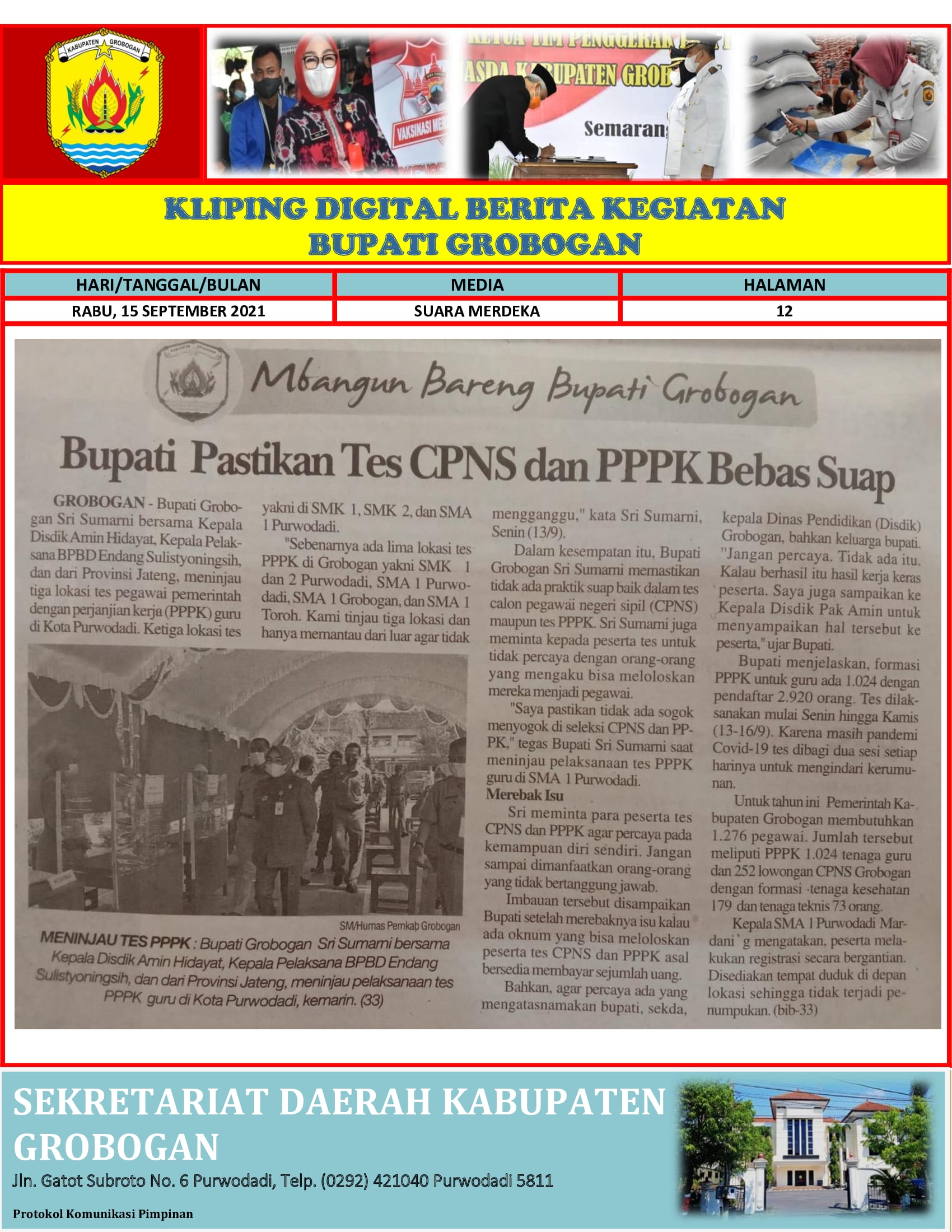 Bupati Pastikan Tes CPNS dan PPPK Bebas Suap Suara Merdeka 15.092021 min
